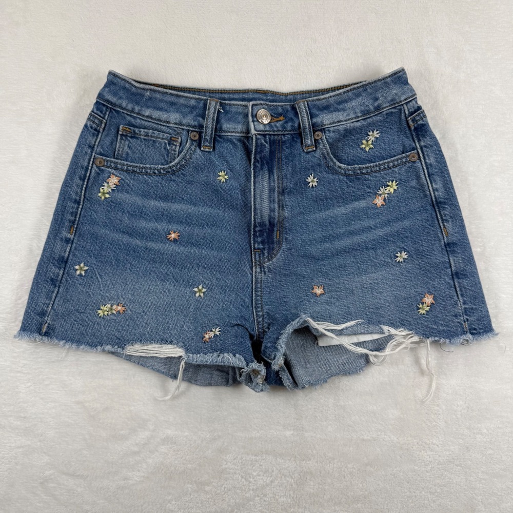 American Eagle Womens Size 4 Floral Embroidered Distressed Denim Mom Shorts M